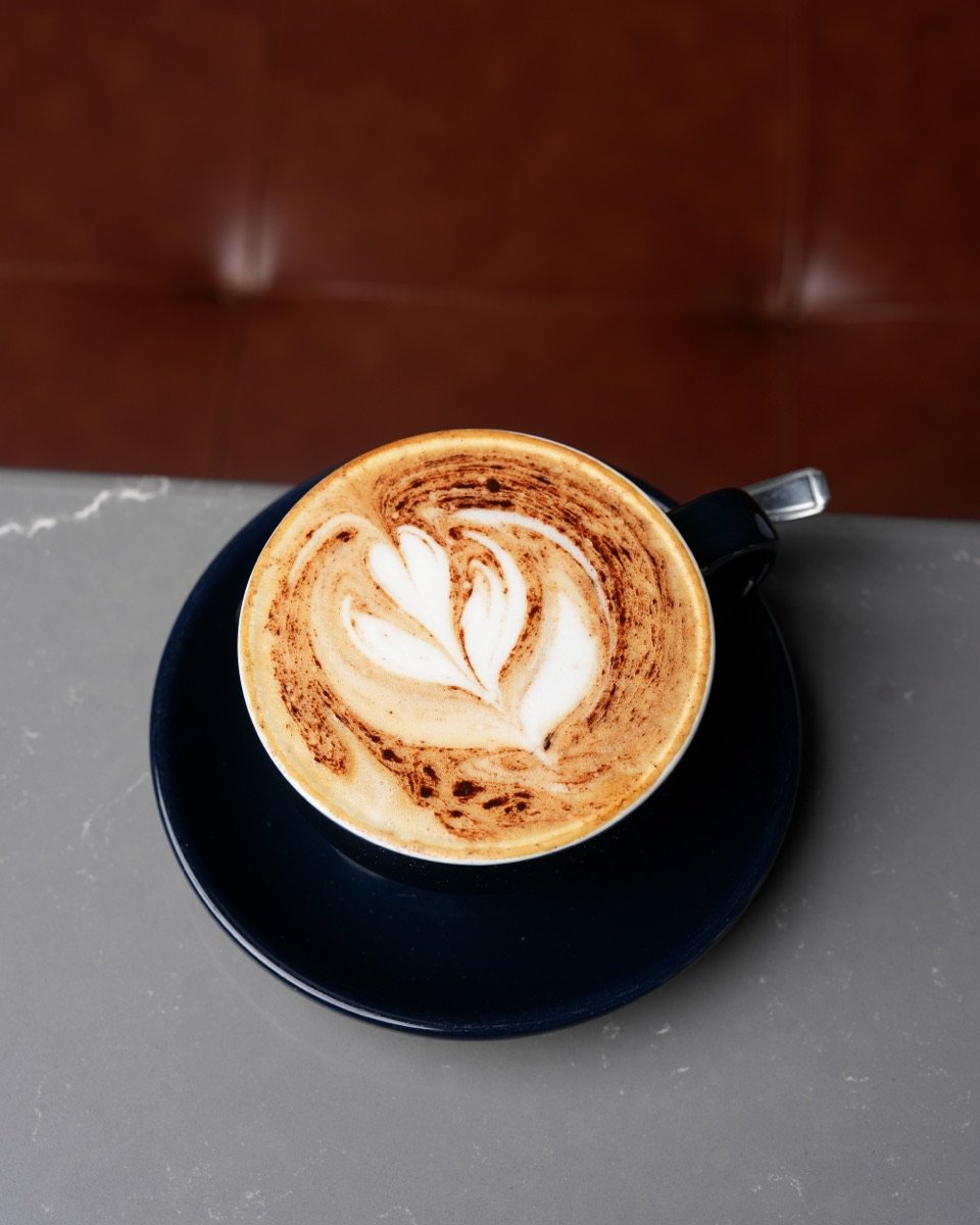 Cappuccino with latte art at Canons Cafe, Canons Park, Edgware