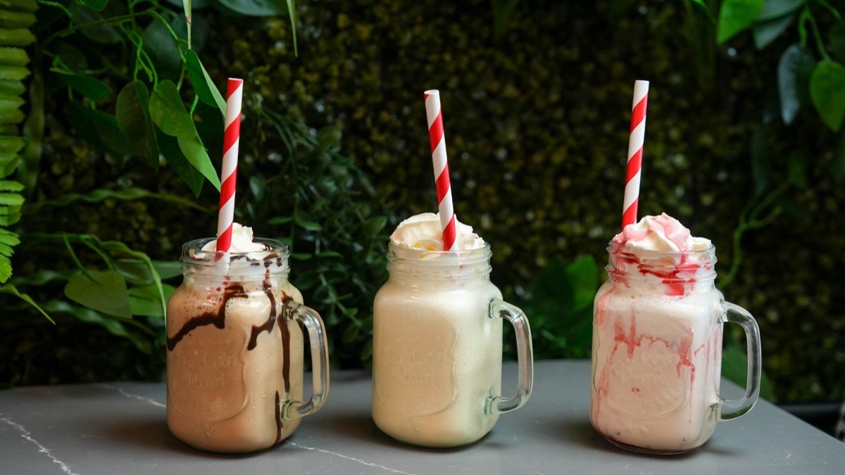 Thick milkshakes in mason jars at Canons Cafe in Edgware